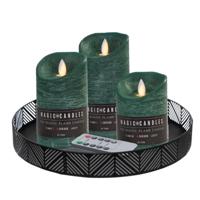 LED kaarsen/stompkaarsen - 3x st - emerald groen - met zwart rond kaarsenbord 29,5 cm