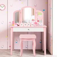 Kinderen Kaptafel en Stoel Set Meisjes Kaptafel Set Stijlvolle Prinses Make-up Tafel en Kruk Roze - thumbnail