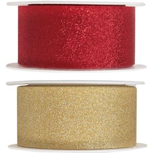 2x Hobby/decoratie rood en gouden sierlinten met glitters 3 cm/30 mm x 5 meter - Cadeaulinten