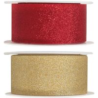 2x Hobby/decoratie rood en gouden sierlinten met glitters 3 cm/30 mm x 5 meter - Cadeaulinten - thumbnail
