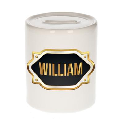 Spaarpot met voornaam William - wit - goud/zwart embleem - 8 x 9 cm - keramiek - afsluitdop