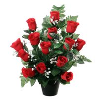 Kunstbloemen plantje rozen/gipskruid in pot - rood - H35 cm - Bloemstuk - Bladgroen