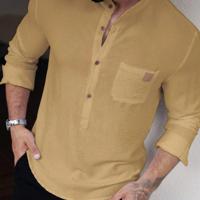 Bon&Bon Men's White Long Sleeve Button Up Shirt | Loose Fit Stand Collar Khaki / M