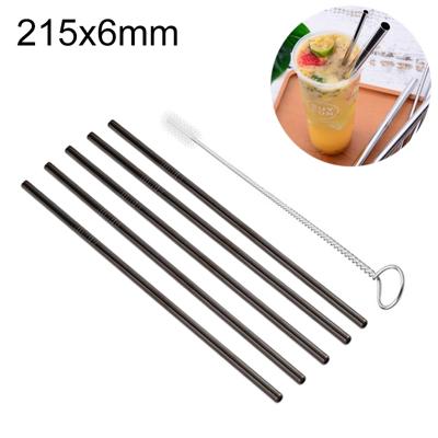 5 stuks herbruikbare RVS recht drinken stro + Cleaner borstel set Kit 215 * 6mm (zwart)