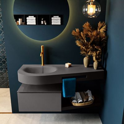 MONDIAZ RIVA 120cm badmeubel onderkast / planchet kleur Dark_Grey met 1 lade. Wastafel DULCET links 1 kraangat kleur Dark_Grey. MONDIAZ RIVA 120cm badmeubel onderkast / planchet kleur Dark_Grey met 1 lade. Wastafel DULCET links 1 kraangat kleur Dark_Grey.