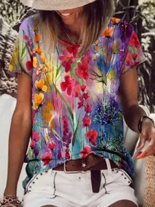 Vacation Casual Floral Pattern Crew Neck T-shirt