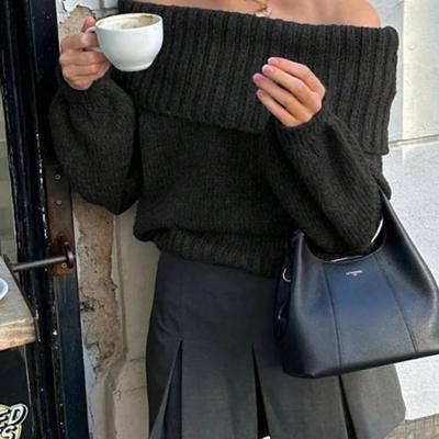 Bon&Bon Women's Off-Shoulder Loose Casual Sweater - Dark Grey Knit Black / S