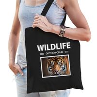 Tijger tasje zwart volwassenen en kinderen - wildlife of the world kado boodschappen tas - thumbnail