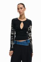 T-shirt met opening en lettering - BLACK - M