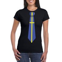 Zwart t-shirt met Zweden vlag stropdas dames
