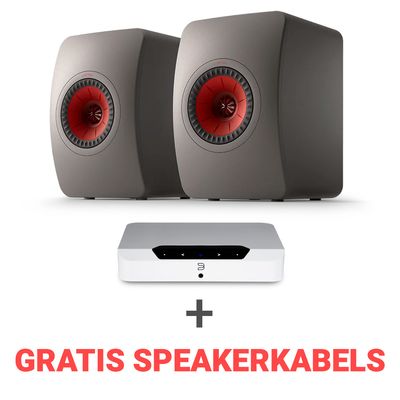 KEF Combi Deal LS50 Meta Passieve Boekenplank speaker + Bluesound Powernode EDGE (N230) Stereoversterker - Wit/Grijs (met GRATIS speakerkabels)