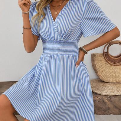 Bon&Bon Women's Striped V-Neck Mini Dress | Blue & White Puff Sleeve A-Line S