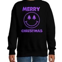 Kersttrui/sweater voor jongens/meisjes - Merry Christmas - zwart - Smile Emoticon - glitter paars