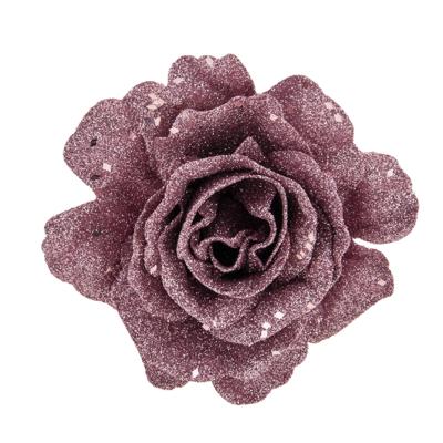 Kerstboomversiering Bloemen - 10 cm - roze glitter - op clip - ornament