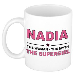 Naam cadeau mok/ beker Nadia The woman, The myth the supergirl 300 ml - Naam mokken