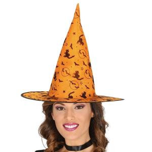 Carnaval verkleed heksenhoed - oranje - met Halloween print - voor volwassenen