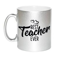 Best teacher ever mok / beker zilver met hartjes - cadeau juf / meester / leraar / lerares - feest mokken