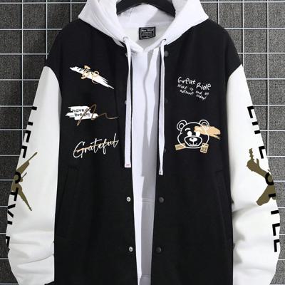 Bon&Bon Men's Cartoon Bear Print Bomber Jacket | Black Casual Coat Black and White / S