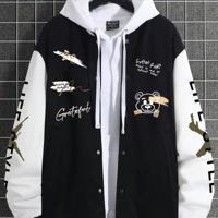 Bon&Bon Men's Cartoon Bear Print Bomber Jacket | Black Casual Coat Black and White / S