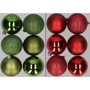 12x stuks kunststof kerstballen mix van appelgroen en donkerrood 8 cm