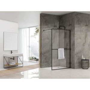 Van Rijn Products ST04 Vaste wand 8mm helderglas 99.5x200cm met 120cm stabilisatiestang en handdoekhouder Zwart mat ST04100KPH
