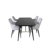 Gold eethoek eetkamertafel uitschuifbare tafel lengte cm 180 / 220 zwart en 4 Comfort eetkamerstal fluweel lichtgrijs,