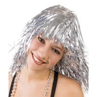 Lurex verkleed pruik - metallic zilver - tinsel slierten pruiken - disco thema