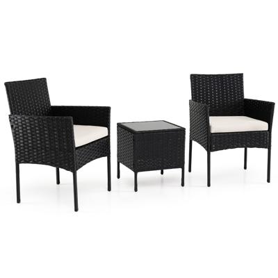 3-Delige Tuinset met Tafel en 2 Comfortabele Stoelen van Gehard Glas Afneembare Kussens Metalen Frame-Beige