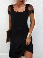 Elegant Regular Fit Plain Lace Short Sleeve Knit Dress - thumbnail