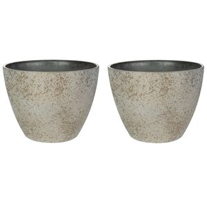 Bloempot/plantenpot - 2x - buiten - beige/goud - D13 en H12 cm - kunststof/steenmix