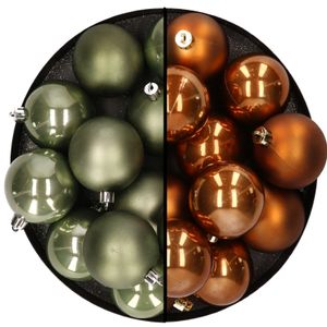 Kunststof kerstballen 6 cm - 24x stuks - mosgroen en bruin