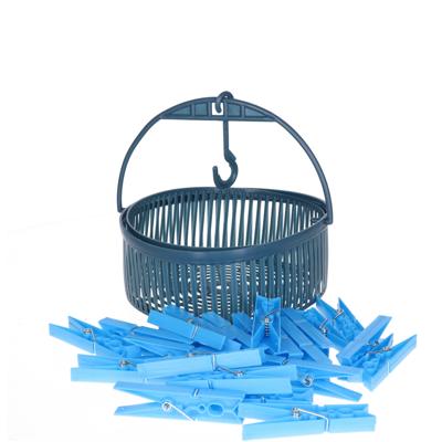 24x gekleurde wasknijpers in hangmandje - blauw - kunststof - 17 x 19 x 11.5 cm - wassen - ophangen