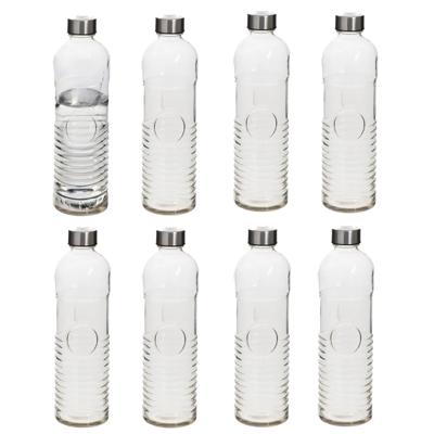 Waterfles - 8x stuks -1 liter - gehard ribbel glas - D8 x H29 cm - drinkfles - Glazen drink flessen