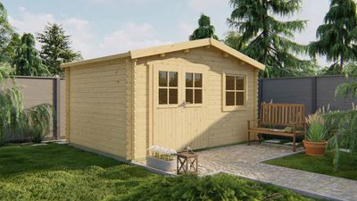 Tuindeco Gorliz Blokhut 400x300 cm 28 mm vuren blank- Zadeldak- Onbehandeld vurenhout- Tuindeco