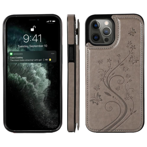 iPhone 16 Pro Max hoesje - Backcover - Pasjeshouder - Portemonnee - Bloemenprint - Kunstleer - Grijs