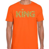 Koningsdag King t-shirt oranje met gouden letters en kroon heren - thumbnail