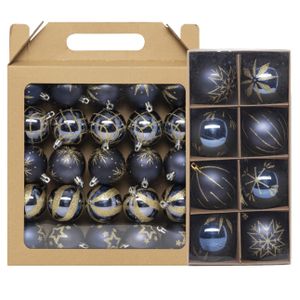 Kerstballen - 33x st - donkerblauw - met goud gedecoreerd - 6 en 8 cm - kunststof