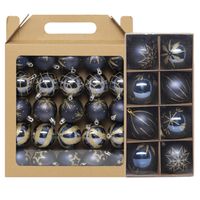 Kerstballen - 33x st - donkerblauw - met goud gedecoreerd - 6 en 8 cm - kunststof