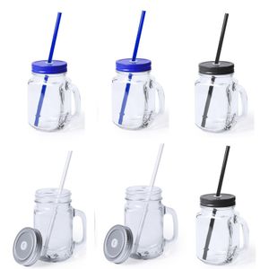 Set 6x glazen drinkbekers dop/rietje 500 ml zilver/blauw/zwart