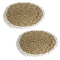 Gerimport Pannen onderzetters - Set van 2x stuks - zeegras - rond - 28x28 cm - naturel/wit
