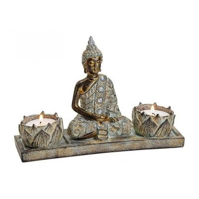 Boeddha beeldje - polyresin - rood/goud - 5,5 cm - met giftbag - decoratie