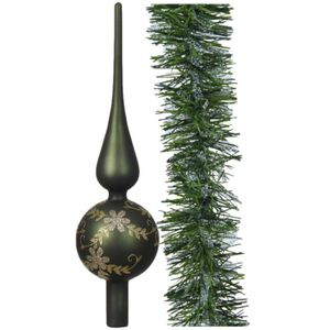 Luxe glazen piek gedecoreerd 31 cm- met kerstslinger 270 cm -donkergroen -kerstversiering