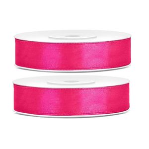 2x Hobby/decoratie donker roze satijnen sierlinten 1,2 cm/12 mm x 25 meter