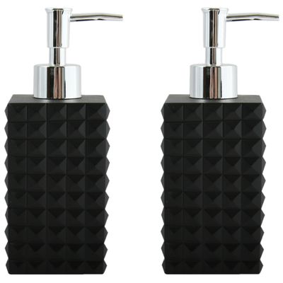 Zeeppompje/zeepdispenser Kubik - 2x - kunststeen - zwart - 7 x 17 cm - 270 ml