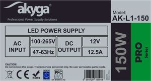 Akyga ga Impulse LED power supply AK-L1-150 12V / 12.5A / 150W / 100-265V / IP20 netvoeding & inverter Auto/Binnen Grijs