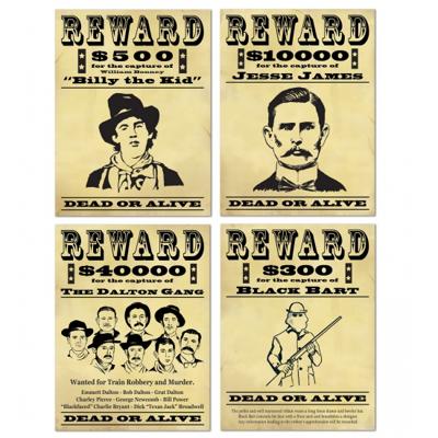 Wanted posters - 4x stuks - 48 cm - western/cowboy wanddecoratie - versiering