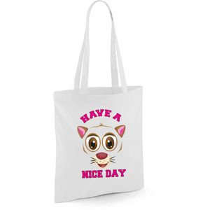 Schoudertas meisjes - kat/poes - wit - have a nice day - 42 x 38 cm - shopper/tote bag