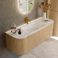 Badmeubel Mondiaz Kurve-Dlux | 130 cm | Meubelkleur Oak | Wastafelkleur Glace | Solid surface | Midden spoelbak | 1 kraangat