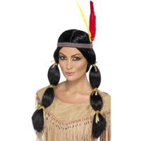Indianen damespruik - met staarten en hoofdband - zwart - synthetisch
