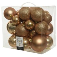 Kerstballen - 26x st - camel bruin - 6-8-10 cm - kunststof - kerstversiering